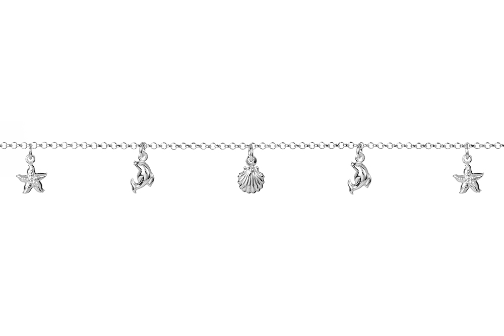 [15635B16E3PL] Sterling silver starfish, dolphin & sea shell bracelet (Sterling silver)