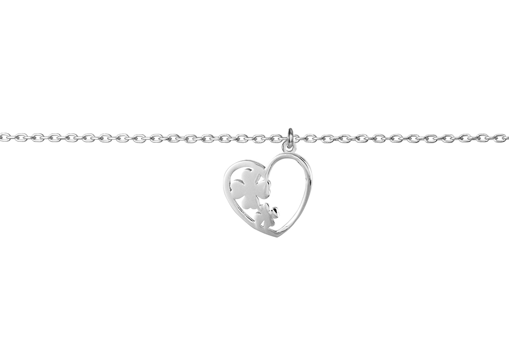 Sterling silver heart with two clovers bracelet
