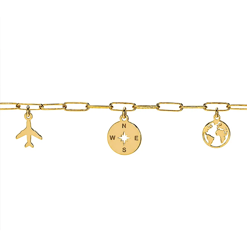 Sterling silver link chain world compass rose plane bracelet