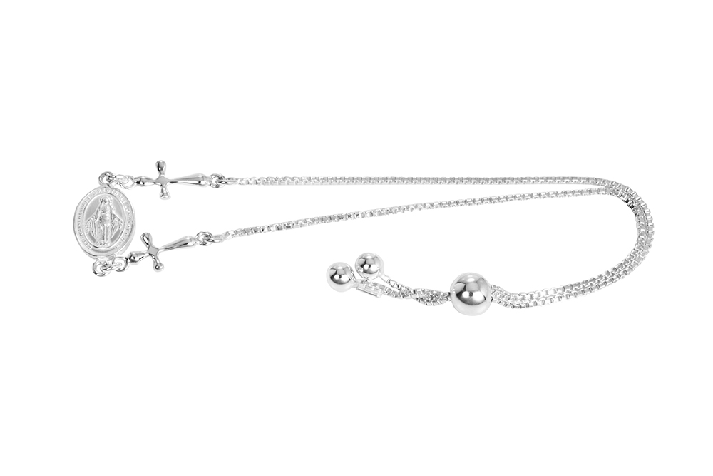 [17299BPL] Sterling silver virgin & two crosses bracelet (Sterling silver)