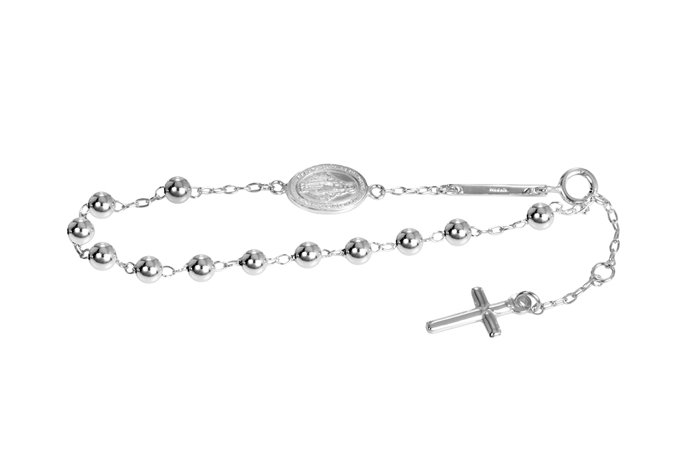 Pulsera plata 925 rosario bola 4mm cruz 15x8mm virgen 16x8mm