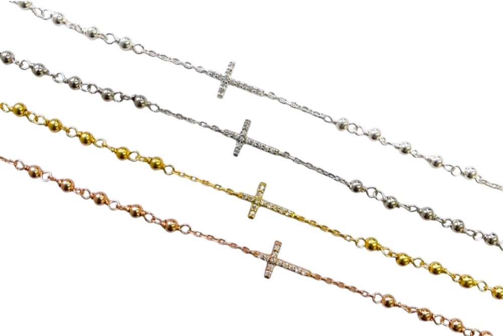 Sterling silver rosary bracelet cross with zirconia
