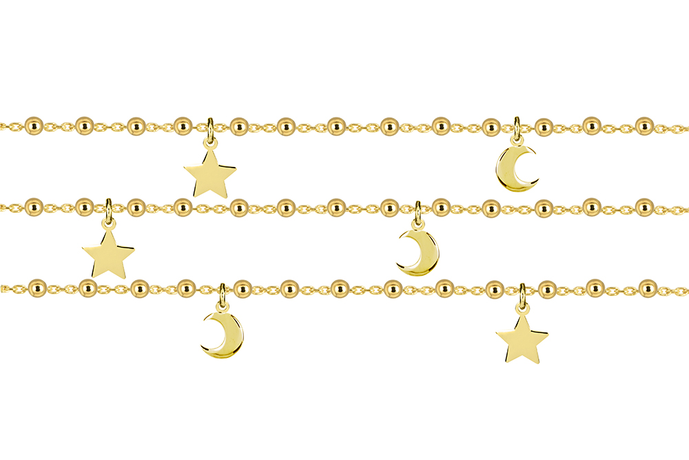 Sterling silver bracelet with 7mm stars and 7mm moons, triple chain
