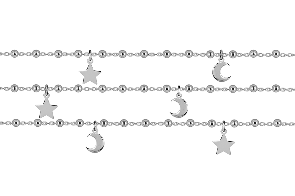 Pulsera plata 925 estrellas 7mm y lunas 7mm triple cadena