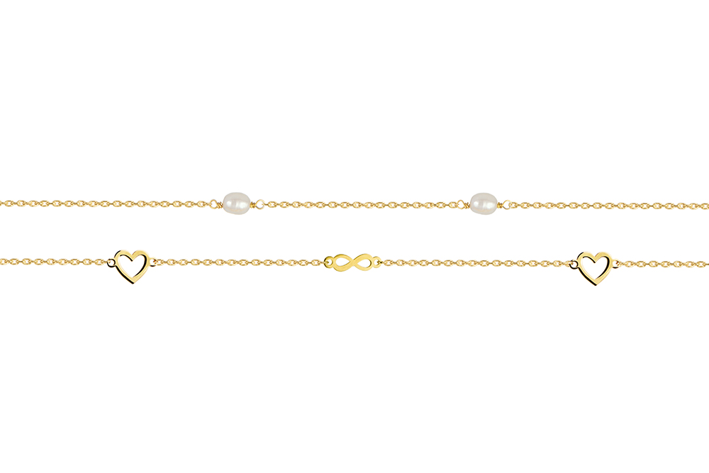 [17770B16E3PBLDO] Pulsera plata 925 corazones 6x10mm perlas 5mm infinito 3x11mm (Oro)