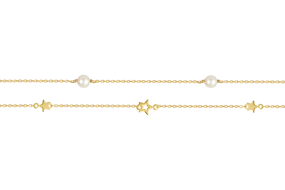 [17772B16E3PBLDO] Sterling silver bracelet with 5mm stars and 5mm pearls, double chain (Gold plated)
