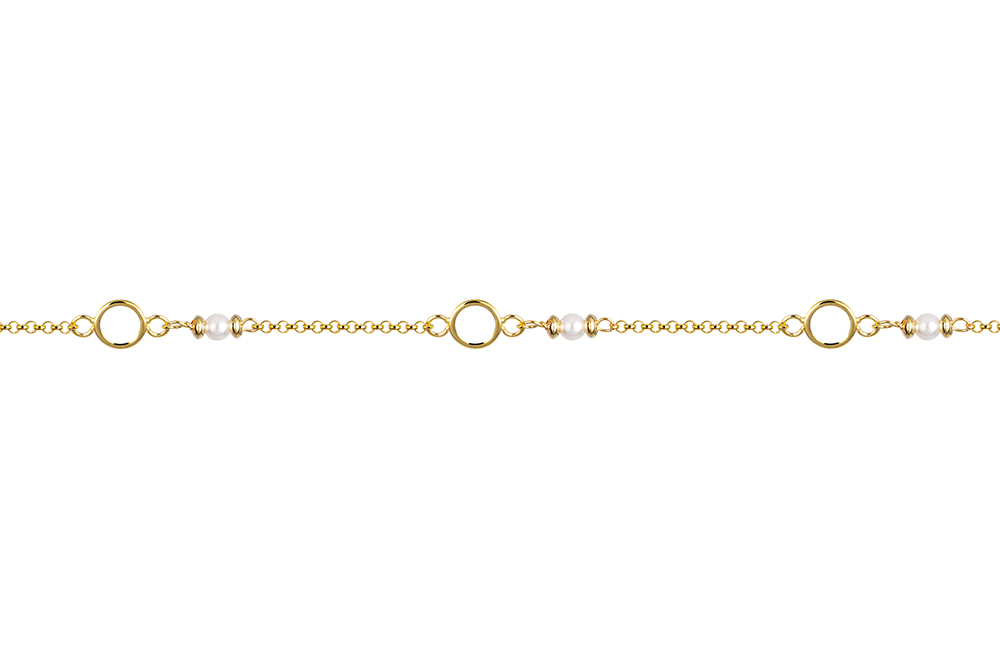 [18118B16E3PBLDO] Sterling silver 5x2mm circles and 3mm pearls bracelet (Gold plated)