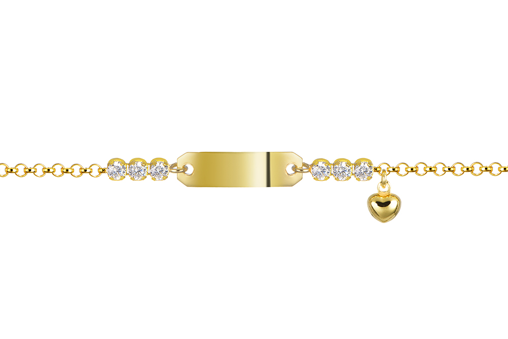 Sterling silver rectangular id plaque 5x18mm with 5mm heart and 3mm zirconia bracelet