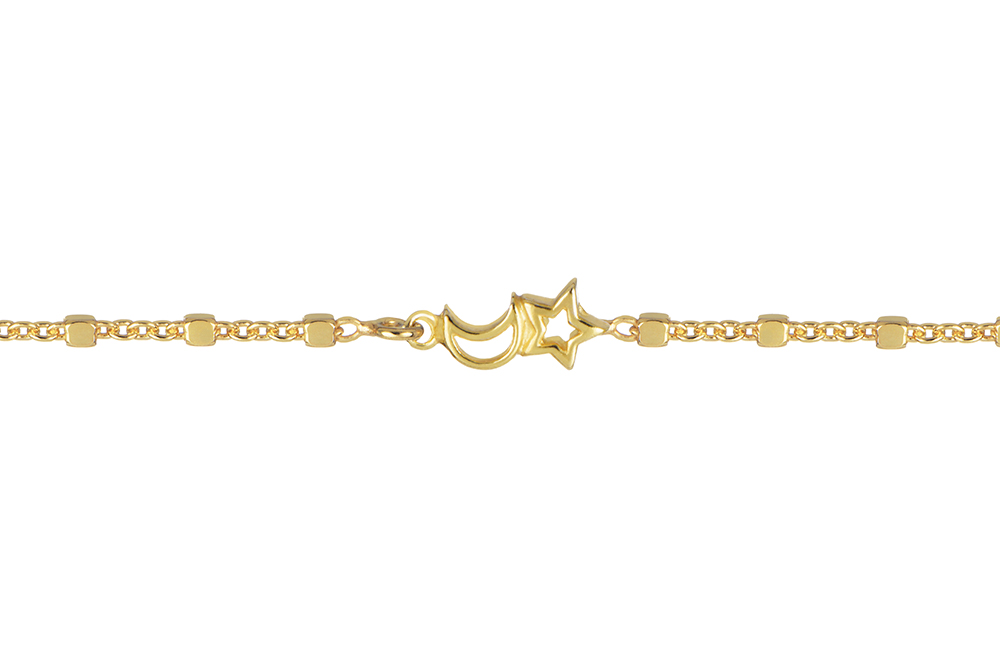 [18122B16E3DO] Sterling silver 1.5mm mini cube chain with moon and star bracelet (Gold plated)