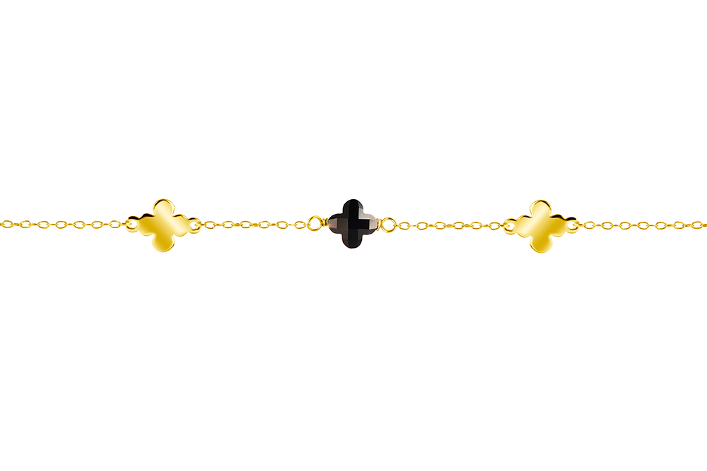 [18153B16E3GONDO] Pulsera plata 925 flor 6x6mm intercalada (Negro, Oro)