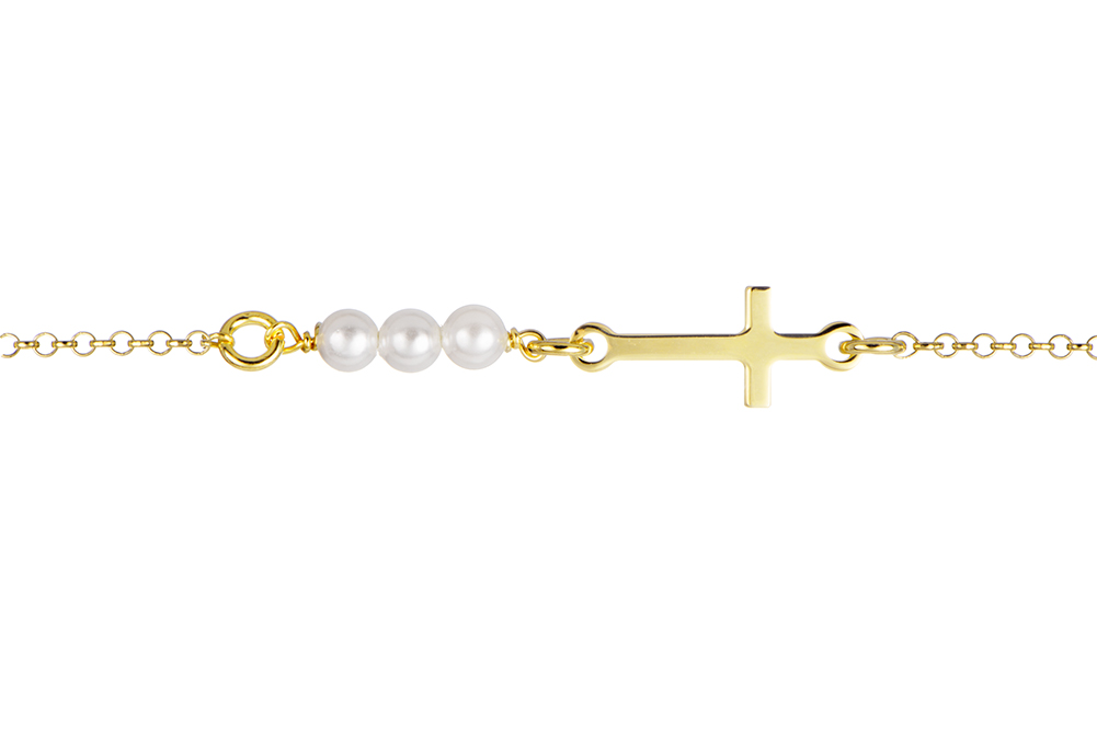 [18256B15E3PBLDO] Sterling silver 6x16mm horizontal cross with three 3mm pearls bracelet (Gold plated)