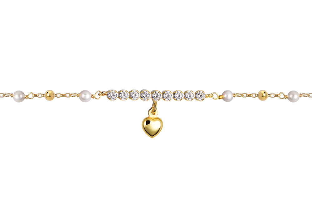 [18257B16E3PBLDO] Sterling silver 3mm pearls and beads with 6x6mm heart zirconia bracelet (Gold plated)