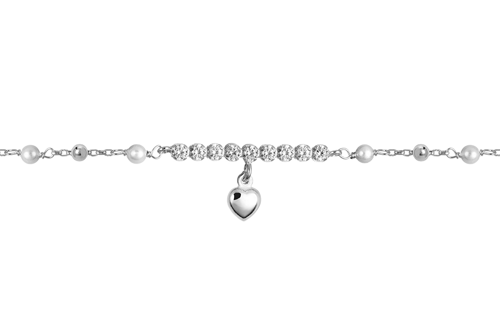 Pulsera plata 925 perlas y bolas 3mm con corazón 6x6mm