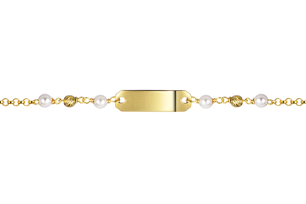 [18259B14E3PBLDO] Sterling silver 5x18x0.80mm rectangular plate with 3mm pearls bracelet (Gold plated)