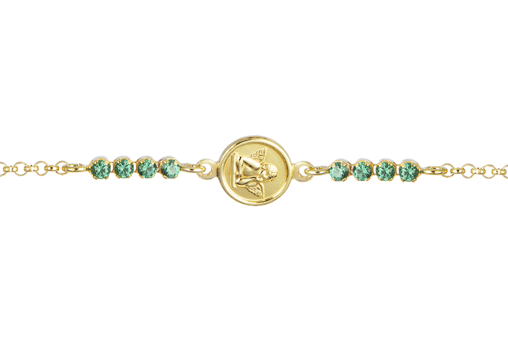 [18264B15E3ZESDO] Sterling silver 8mm angel medal with zirconia bracelet (Emerald, Gold plated)