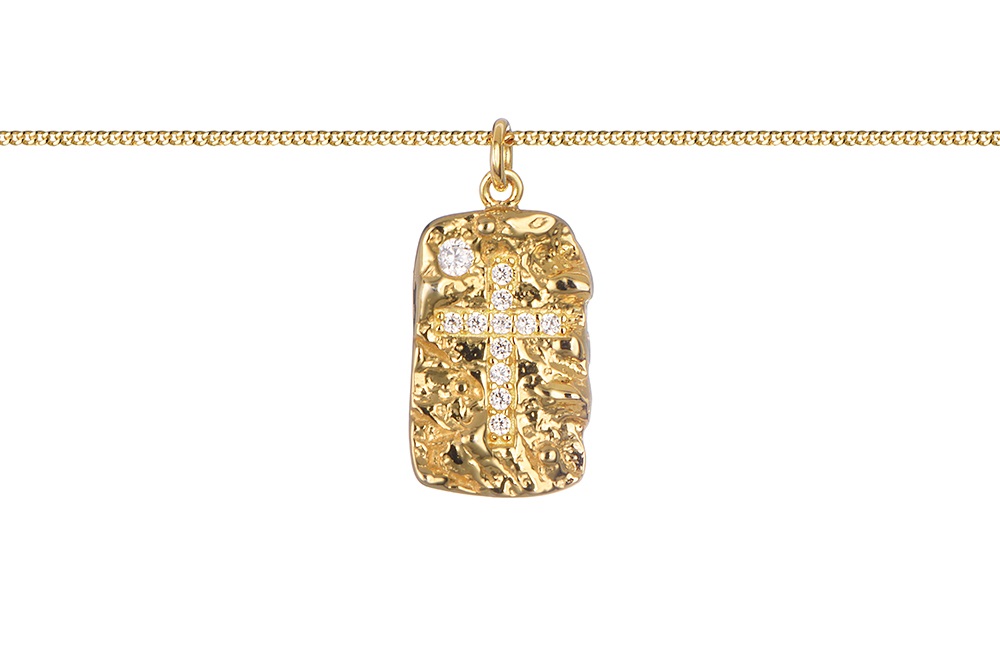 Sterling silver textured tag zirconia cross necklace