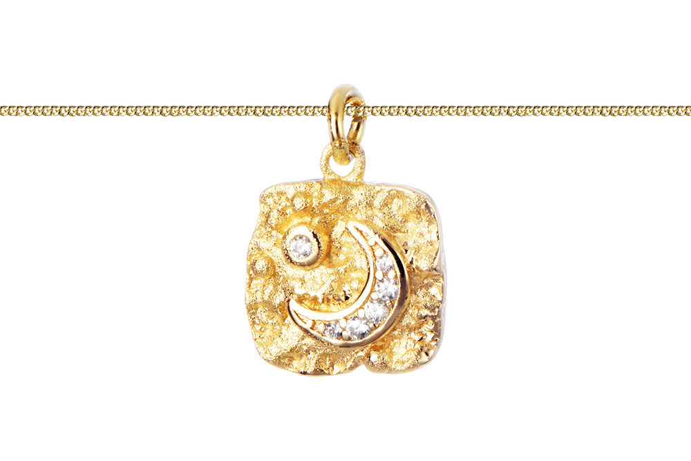 Sterling silver textured tag zirconia moon necklace