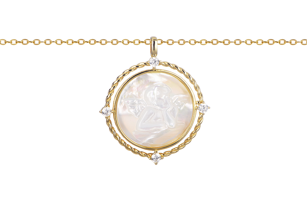 Collar plata 925 placa redonda angelito 20mm con 4 zirconitas