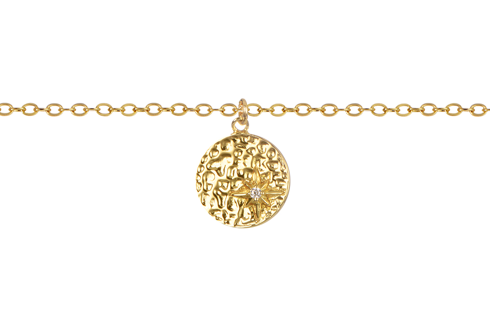 [17573N40E5ZBLDO] Collar plata 925 placa redonda texturada rosa de los vientos zirconita