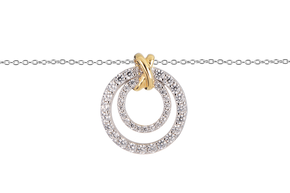 Sterling silver two circles zirconia bicolor necklace