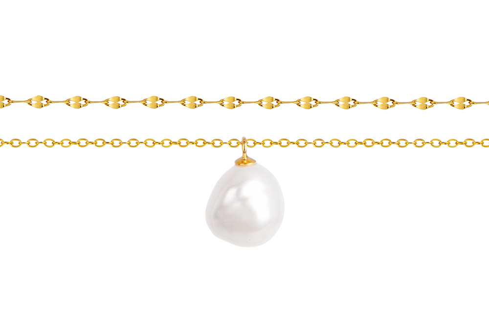[18029N35E5PBLDO] Sterling silver double chain with 10mm pearl and pearl on the extension necklace