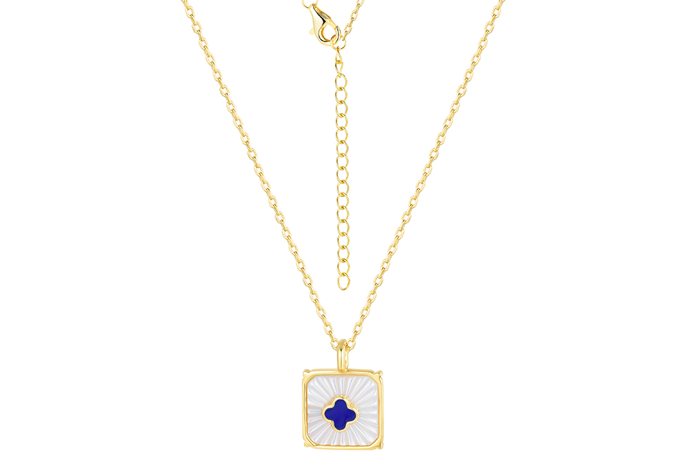 Sterling silver mother-of-pearl square plate with lapis lazuli flower necklace