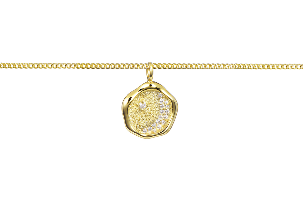 Sterling silver irregular round moon & star zirconia necklace