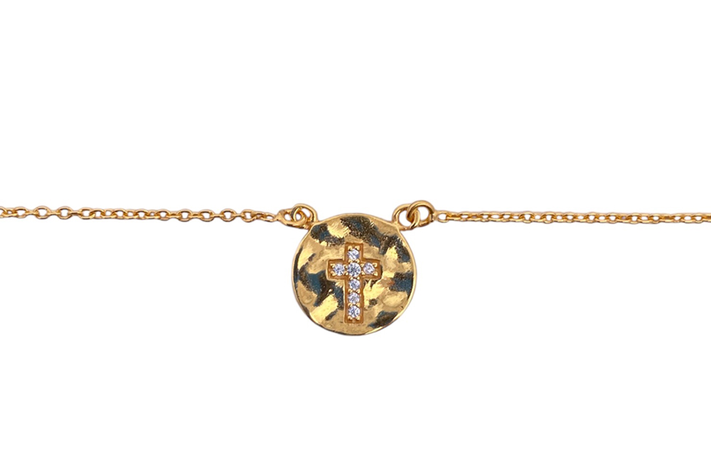 Collar plata 925 medalla martelé cruz cz cierre con dos anillas