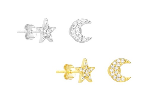 Pendiente plata 925 estrella y luna con  zirconita 