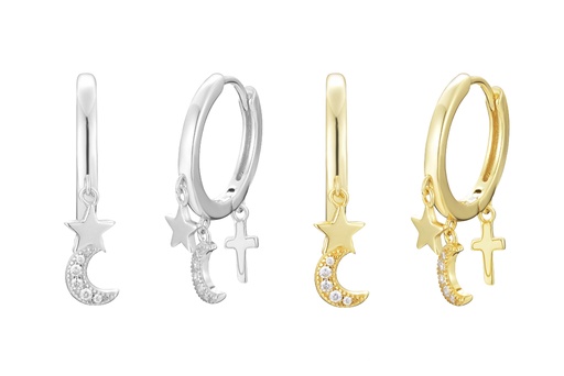 Silver 925 moon star & cross cz earring
