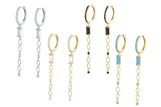 Sterling silver baguette zirconia 8x4mm & chain earring