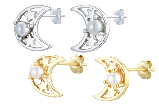 Sterling silver moon with mini pearl 2.5mm earring