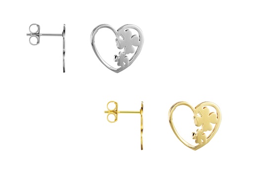 Sterling silver heart with two clovers earring