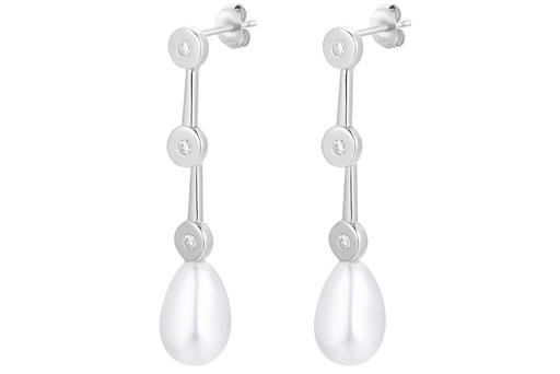 [16716EPBLRD] Sterling silver 13x10mm white pearl & 5mm three zirconia earring