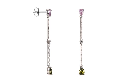 [16795EZBLROOLRD] Pendiente plata 925 zirconitas rosa y olivine con barras de zirconita blanca