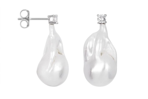 [17206EPZBLRD] Sterling silver 10.5-12mm baroque freshwater cultured pearl earrings with zirconia