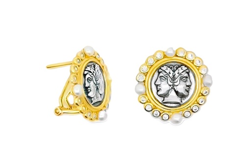[17279EPZBLDOOX] Sterling silver janus ancient roman coin two-faced god earrings