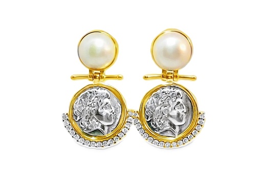 [17333EPZBLDOOX] Sterling silver roman ancient coin earrings with pearl & zirconia