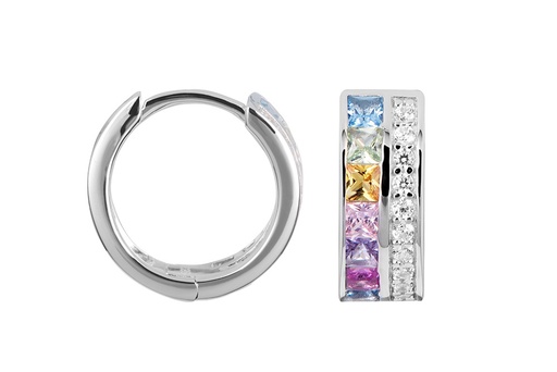 [17585EZRWRD] Sterling silver rainbow zirconia hoop earring