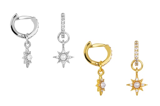 Sterling silver mini with compass rose and white zirconia hoop earring