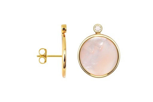 [18001ERNADO] Sterling silver 18mm round mother-of-pearl plaque with 3mm zirconia earring