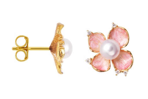 [18024EPBLDO] Sterling silver enamelled flower with zirconia and 7mm pearl earring