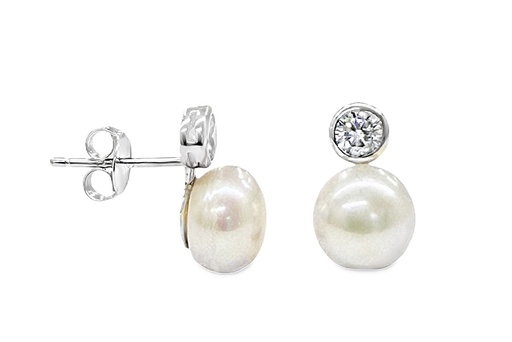 [18036EZPBLRD] Pendiente plata 925 tu y yo perla cultivada 8.5-9mm con zirconita 5mm