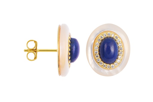[18046ERLZDO] Sterling silver oval mother-of-pearl with white zirconia and lapis lazuli earring