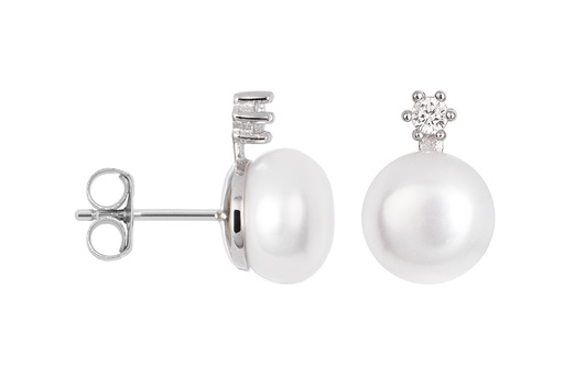 [18060EZPBLRD] Sterling silver 3mm zirconia & 8mm pearl earring