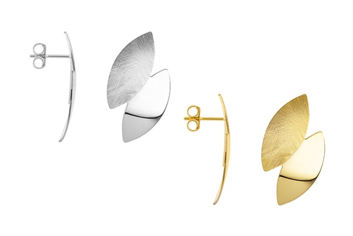 Sterling silver two-leaf design with polished and brushed striped finish earring