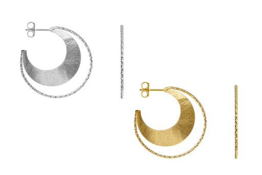 Sterling silver crescent hoop with diamond-cut and brushed finish earring