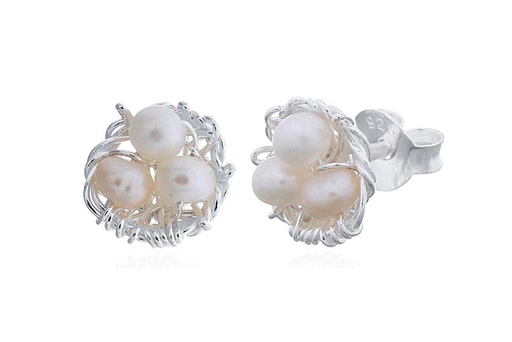 [18387EPBLPL] Sterling silver tiny nest design with small pearls earring