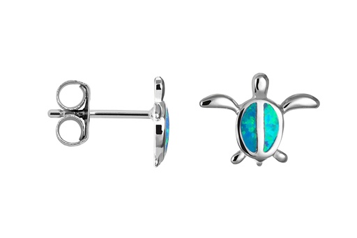 [18437EGOPRD] Sterling silver sea turtle with blue opal earring