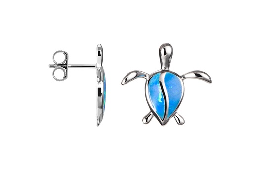 [18438EGOPRD] Sterling silver sea turtle with blue opal earring